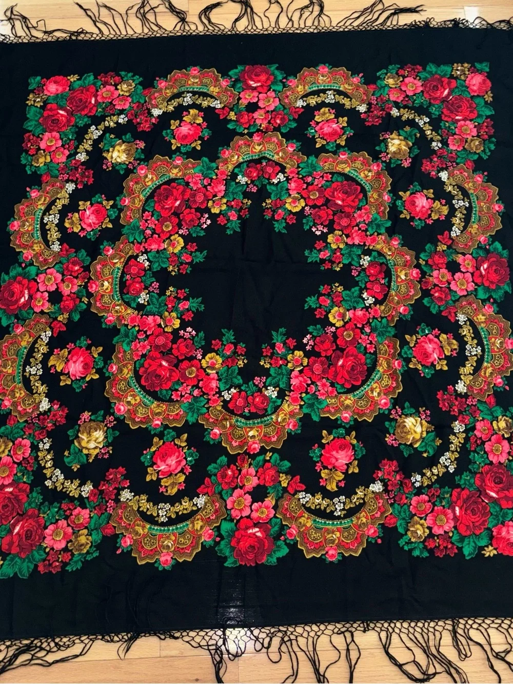 Vintage Russian Wool Floral Shawl Black Floral 52